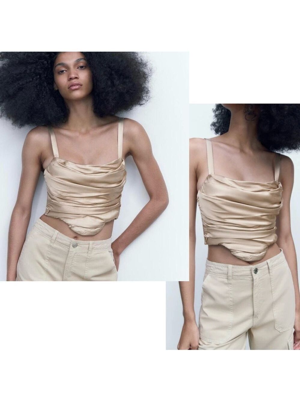 Zara champagne tan cream satin effect ruched draped corset bustier Sz S NWOT